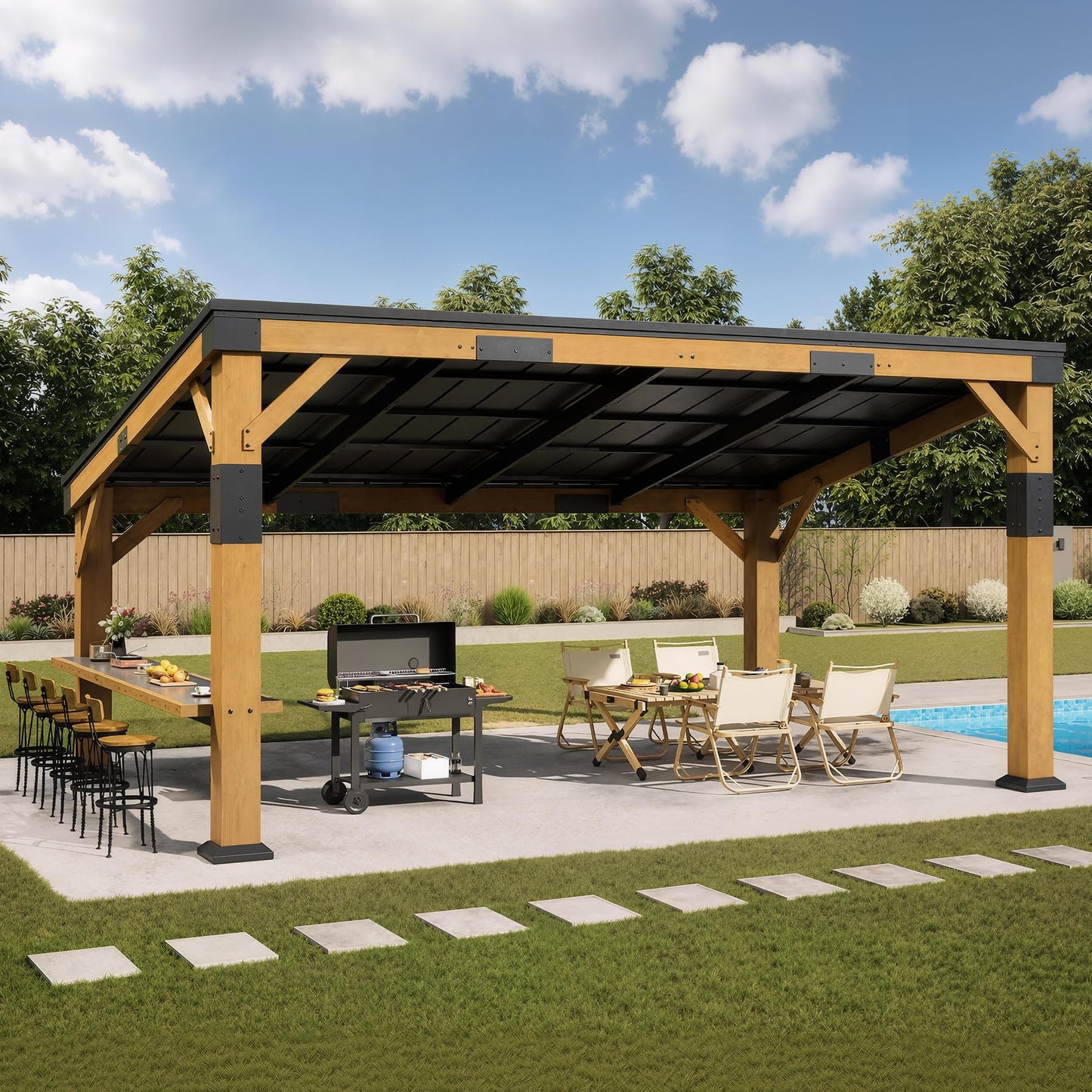 AMERLIFE 10x14 FT Spruce Wood Grill Gazebo with Bar Shelf, Hardtop BBQ Pavilion with Sloped Galvanized Steel Roof, Lean-to Outdoor Pergola for Deck, Backyard, Garden