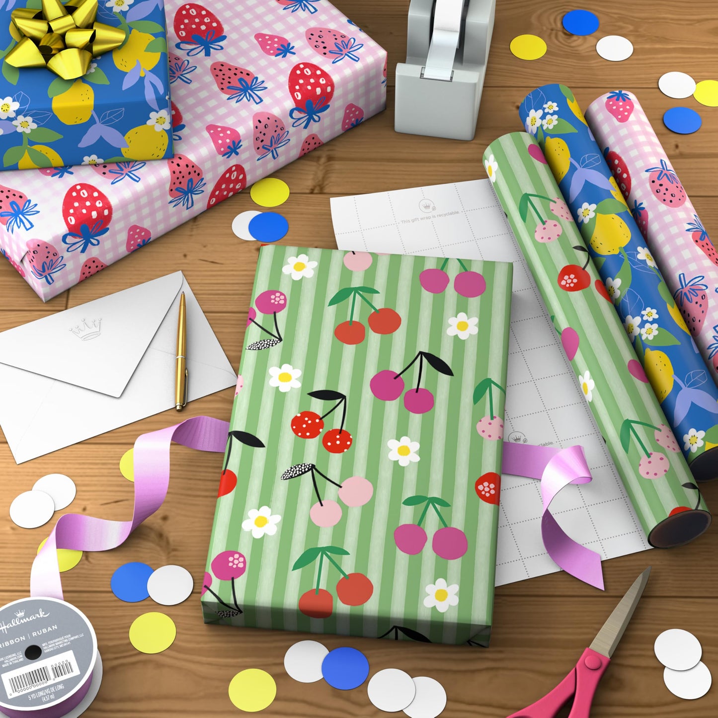 Hallmark Strawberry Scented Wrapping Paper Mini Rolls, 3-Pack (Strawberries, Lemons, Cherries) for Birthdays, Easter, Mother's Day, Bridal Showers, Any Occasion - 45 Sq. Ft. Total