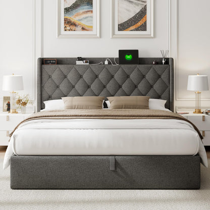 Feonase Queen Bed Frame with Storage & Charging Station - Hydraulic Lift Up Platform Bed, Upholstered Button Tufted Headboard, Sturdy Wooden Slats, Noise-Free, No Box Spring Needed, Dark Gray