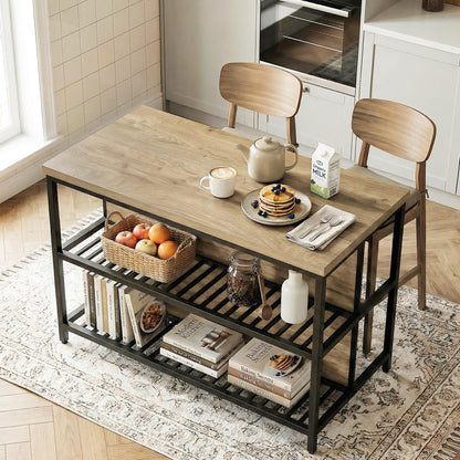 LITTLE TREE 55-Inch Kitchen Island Table with Storage, 3-Tier Stationary Center Island Table with Metal Base, Farmhouse Rustic Kitchen Island, Brown