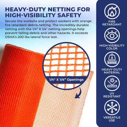 Tarps Now 8'-6" x 150' Orange Safety Netting Roll - Heavy Duty Fire Retardant Safety Nets with 1/4" Openings for Security & Construction Debris Netting, Temporary Mesh Fence, Job Site Net Enclosure