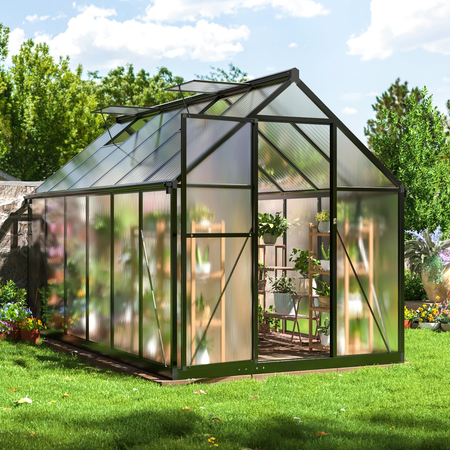 AirWire 6x10.86 FT Quick Setup Polycarbonate Greenhouse with Roof Vent, Large Heavy Duty Aluminum Walk-in Green House for Outdoor Garden Backyard Outsides, Black