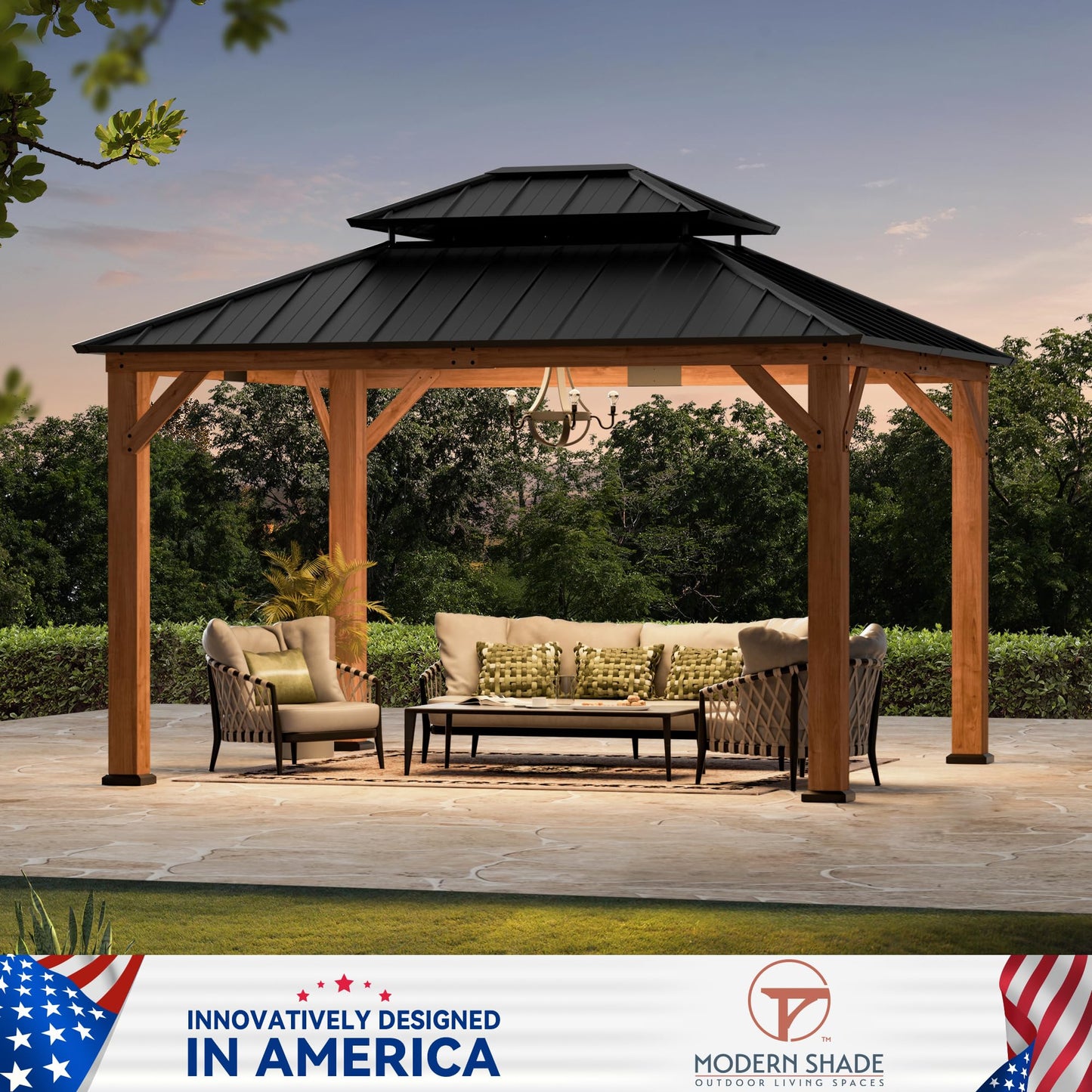 Modern Shade Rosewood Wood Gazebo 10' x 12', Hardtop Gazebo Permanent with Double Galvanized Steel Roof, Cedar Outdoor Gazebo with Sturdy Hooks for Garden, Backyard, Patio, and Deck