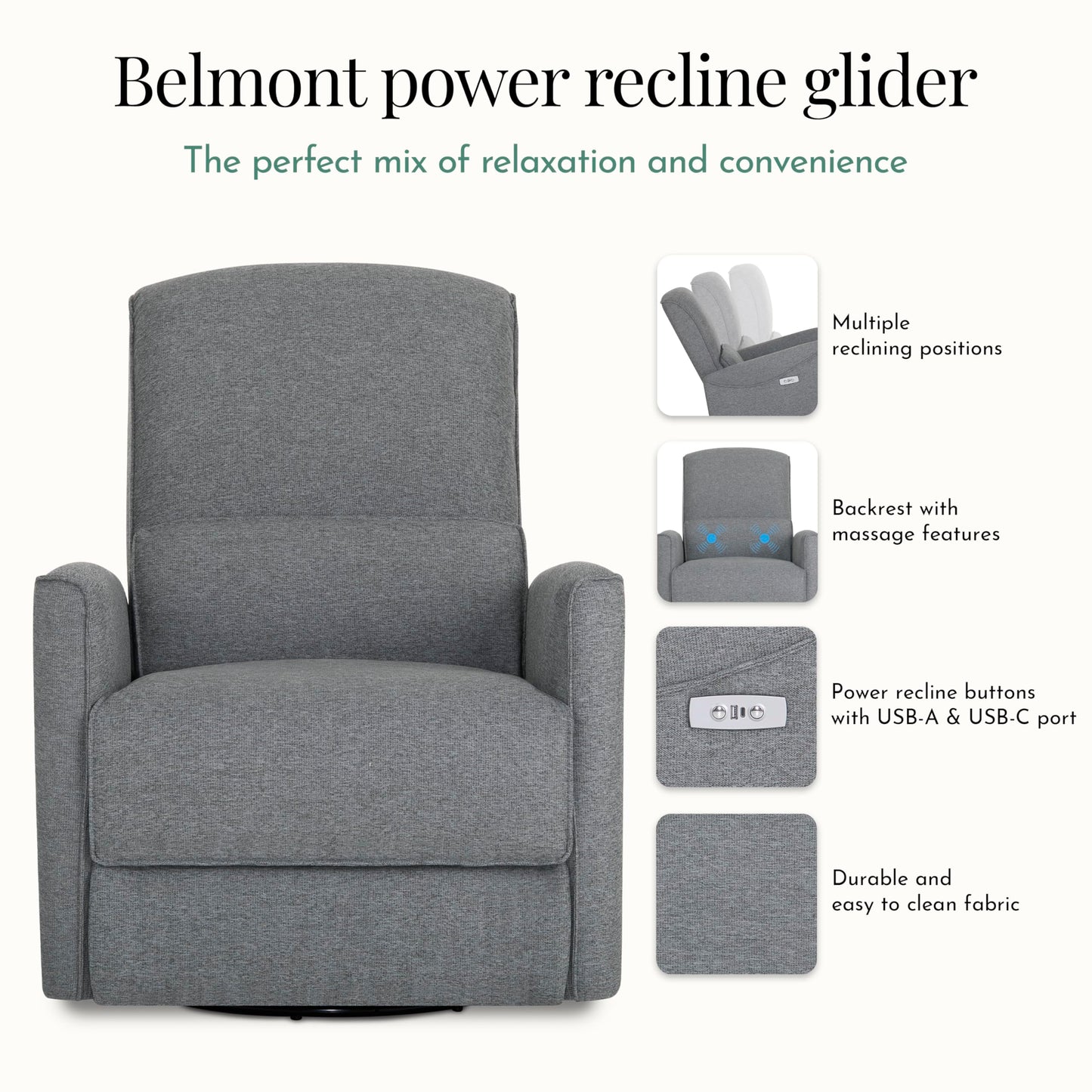 Evolur Belmont Nursery Glider Chair with Massager in Cosmic Grey, Power Recliner with 275° Swivel, Lumbar Support Modern Rocking Chair for Baby Room, Nursery & Living Room