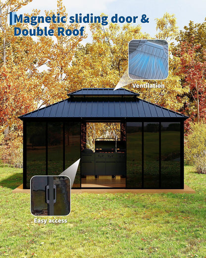 12x16ft Heavy Duty Outdoor Pavilion with Metal Frame, Permanent Solarium Sunroom Kit with PC Windows, Fully Sealed Screen Houses for Backyard, for Patio Winter Garden