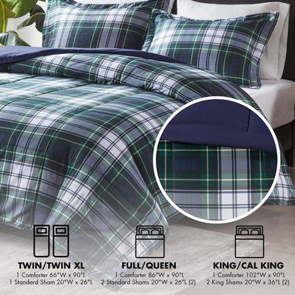 Madison Park Essentials Parkston Plaid Comforter, Matching Sham, 3M Scotchguard Stain Release Cover, Hypoallergenic All Season Bedding-Set, Full/Queen, Navy, 3 Piece