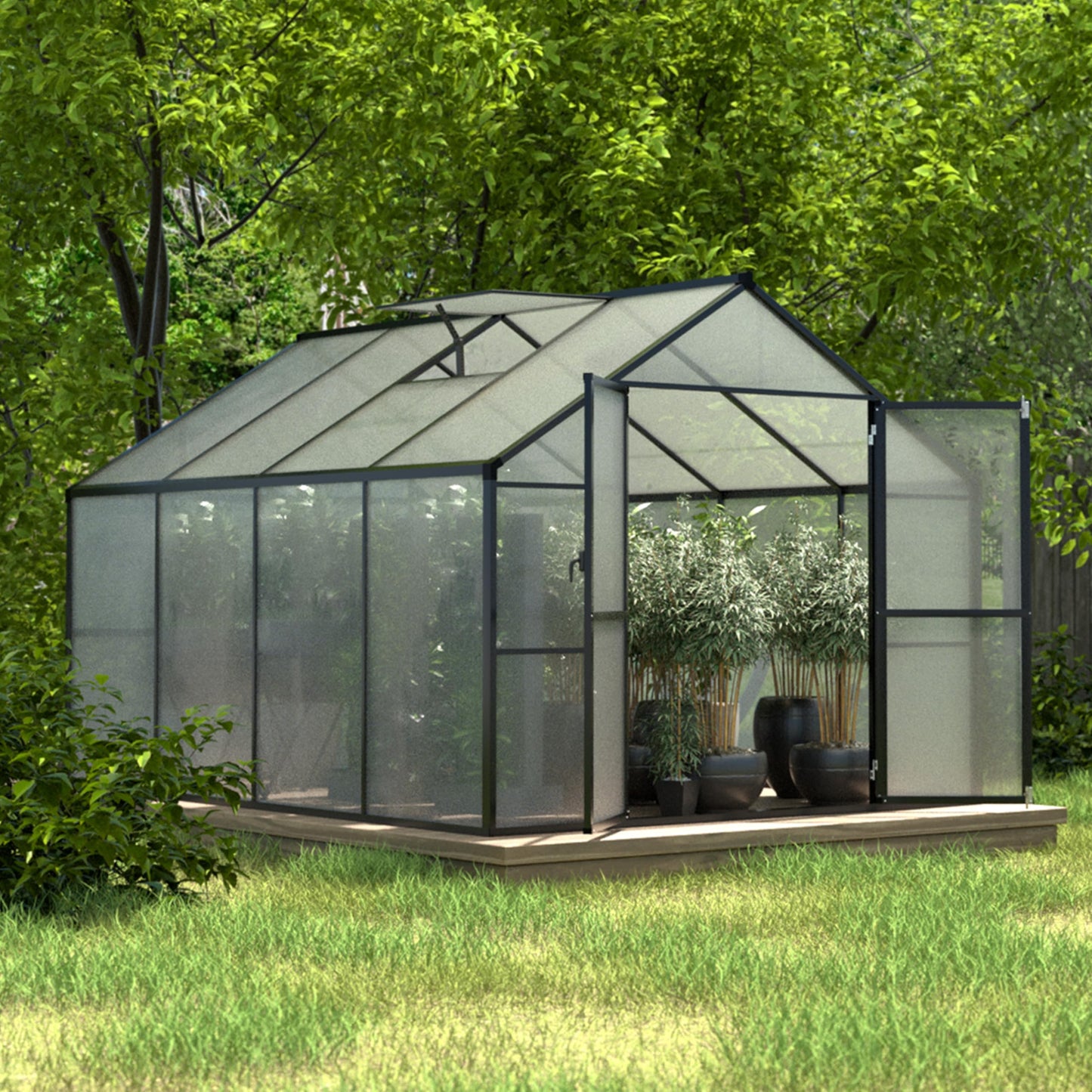 BlueWish 8x8FT Greenhouse for Outdoors, Greenhouses with Adjustable Vents, Lockable Door, Outdoor Aluminum Greenhouse Kit with Polycarbonate Panel, Walk-in Green House for Garden, Backyard, Gray
