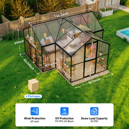 12X12FT Green Houses for Outside, Large Greenhouse for Outdoors and Garden Planting, Walk in Greenhouse Kit with Electronic Thermometers, Withstands Strong Wind or Snow to Protect Vegetables or Plants