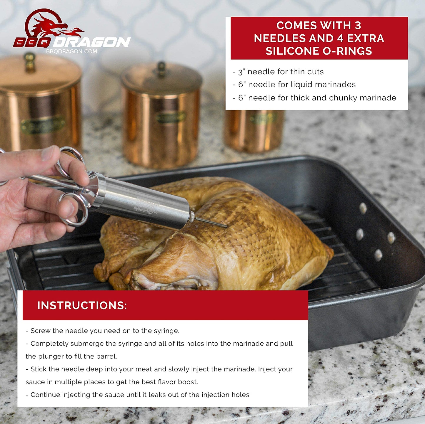 BBQ Dragon Meat Syringe Injector Kit - Stainless Steel Marinade Injector for Smoking Turkey & Brisket - Food Injector with 3 Needles for Liquid & Chunky Marinades - Flavor Injector for Meat & Poultry