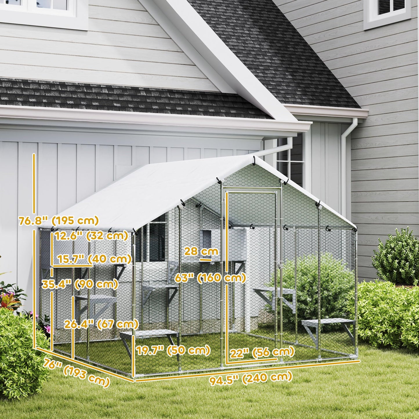 PawHut Catio Outdoor Cat Enclosure, 95" Extra Large Walk-in Cat House with Waterproof Cover, 2 Resting Boxes, 7 Jumping Platforms, Chicken Run Coop, Rabbit Hutch, Feral Cat Shelter Pointed Roof