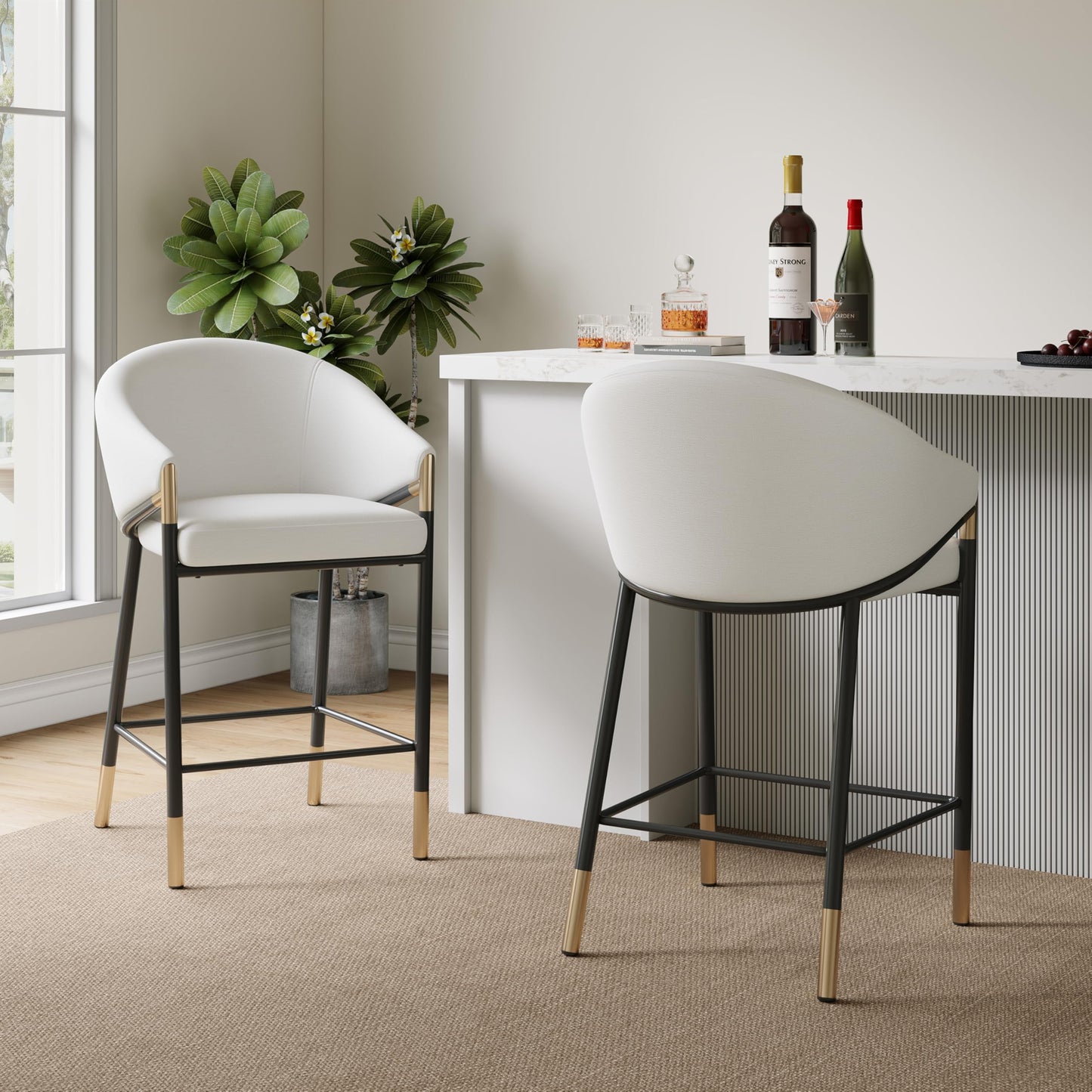 Christopher Knight Home Jymer Modern Counter Stool Set of 2, Kitchen Counter Height Bar Stool, Cocktail Stool with Curved Backrest, Fabric Upholstered Armchair for Home Bar Table, Beige+Gold+Black