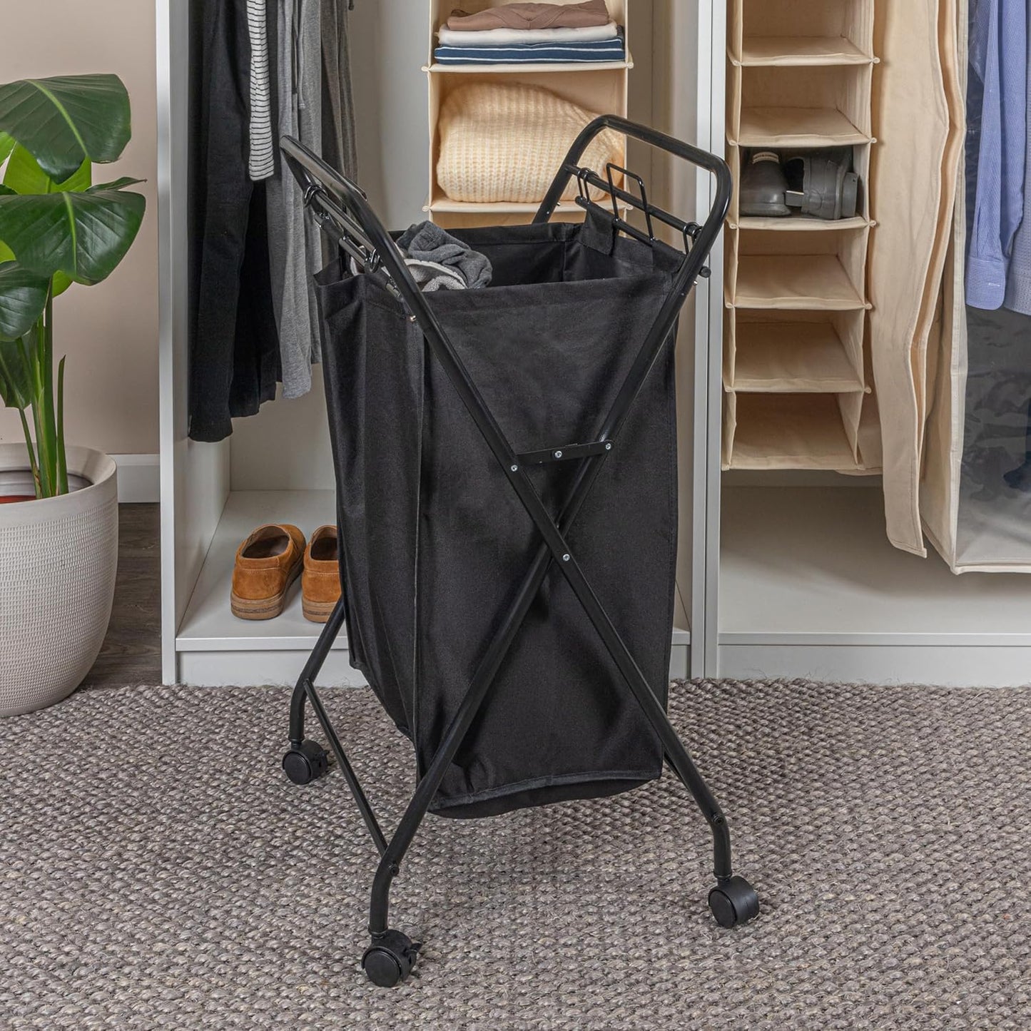 2 Household Essentials Rolling Laundry Hamper, Heavy Duty Canvas Bag, Load Capacity, Foldable Frame, Black Bag