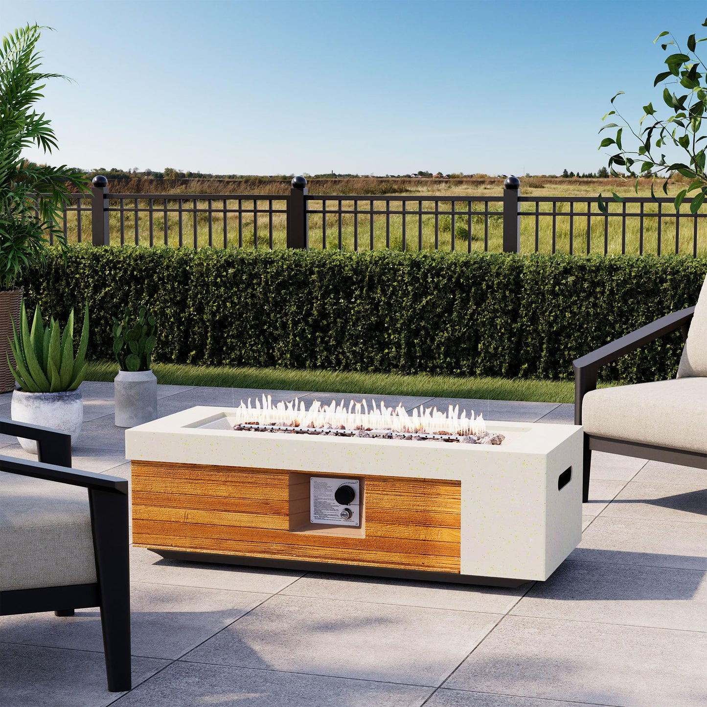 COSIEST 42" Outdoor Propane Fire Pit Table, Rectangular Gas Fire Pit Table with Concrete & Log Wood Grain Design, 50000BTU Fire Tables for Patio, Backyard, Garden Heating