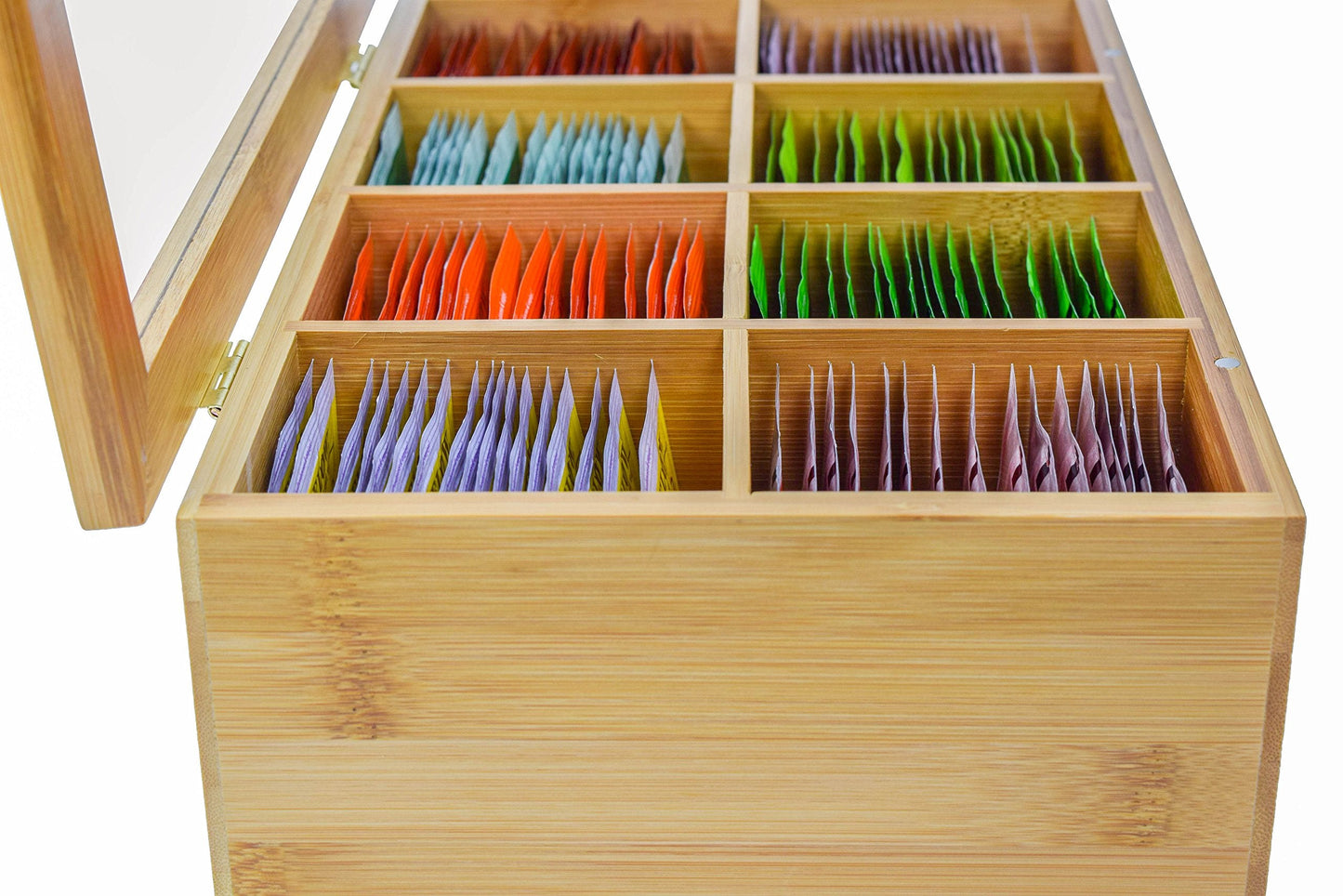 Kozy Kitchen Bamboo Tea Box Storage Organizer, 100% Natural Wooden Finish Tea Bag Organizer 8 Storage Compartments and Clear Shatterproof Hinged Lid