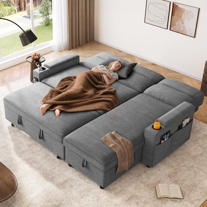 DWVO Convertible Sleeper Sofa with Adjustable Backrest & Pull Out Bed, L-Shaped Sectional Sofa Bed with Armrest & USB Port, Upholstered Sectional Couch for Living Room, No-Tool Assembly, Grey