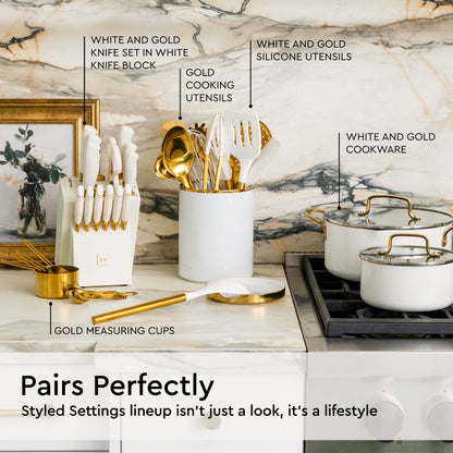 White Utensil Holder with Built-In Ceramic Spoon Rest - 2-Piece Luxe White and Gold Spatula Holder with Gold Spoon Rest for Countertop Organization - Stylish Kitchen Accessory, Utensils Not Included