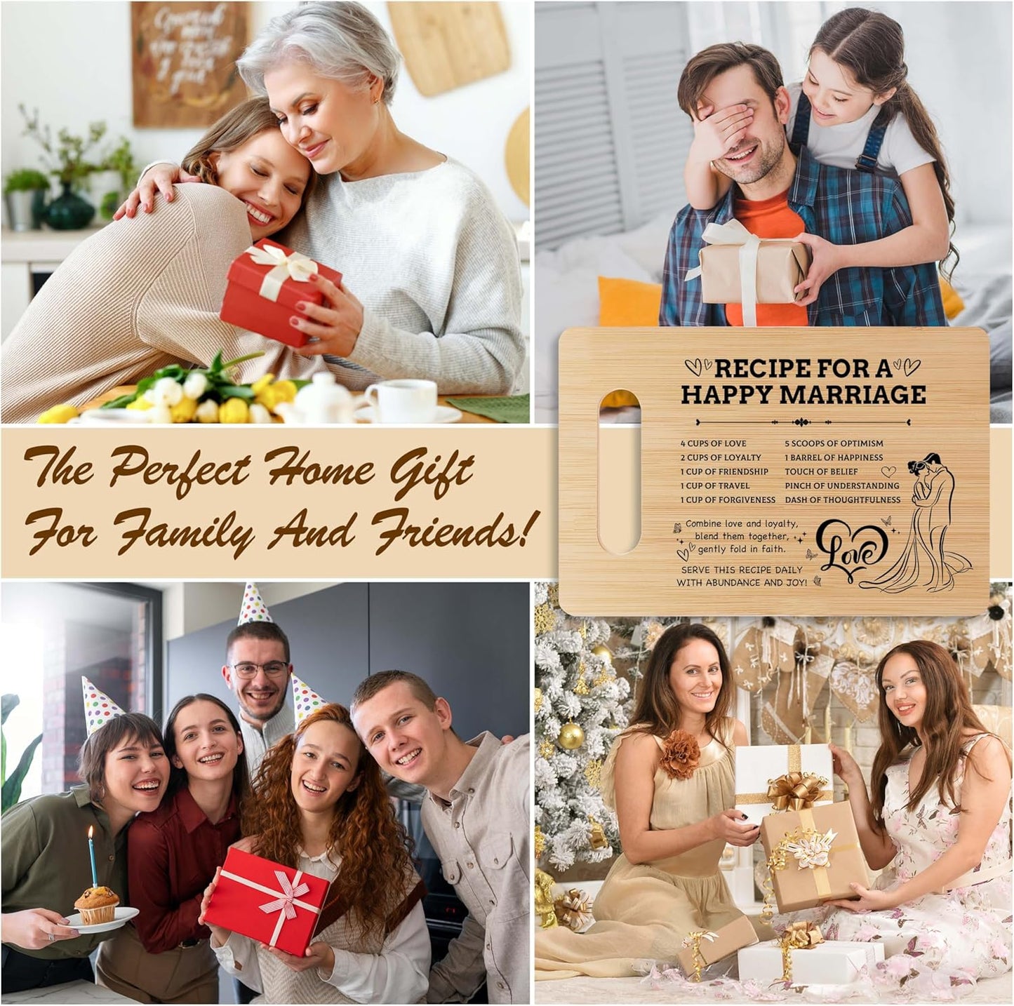 Wedding Bamboo Cutting Board Gifts, Recipe for a Happy Marriage, Engagement & Bridal Shower Gifts for Couples