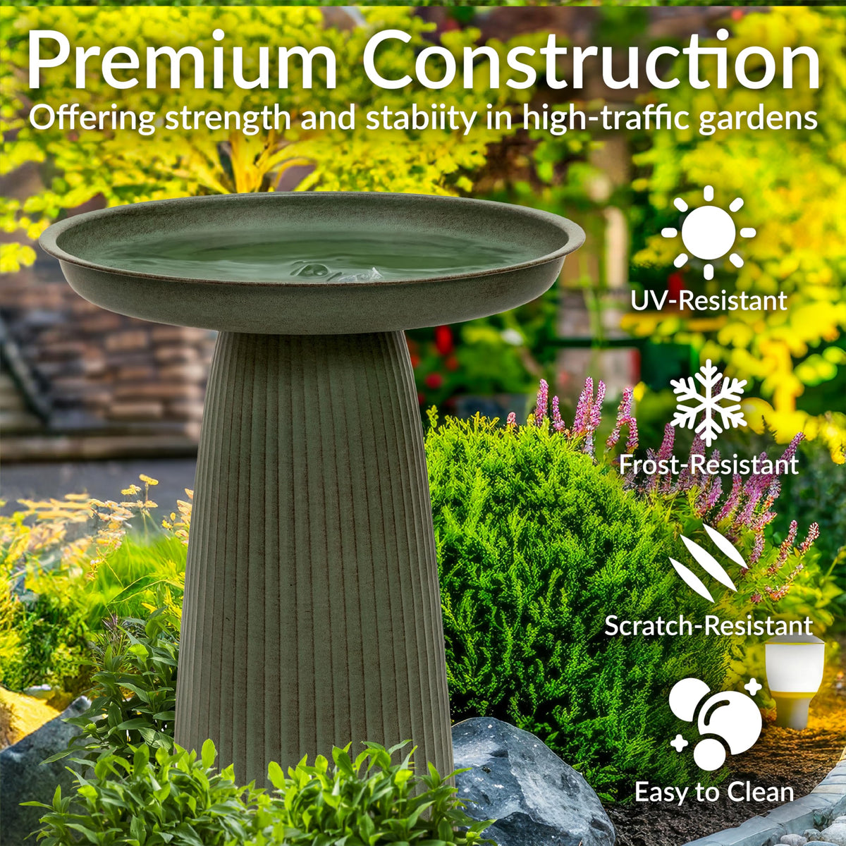 Sunnydaze Gleeful Garden 23" Iron Pedestal Bird Bath for Outside - Modern Shallow Basin Birdbath for Outdoors with UV-Protected Rust-Resistant Finish for Patio, Garden, Yard Decor - Matte Green