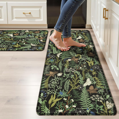 Black Green Botanical Kitchen Rugs Set of 2 Plant Leaf Anti-Fatigue Kitchen Mat Natural Comfort Standing Waterproof PVC Mats 2/5" Thick Leather Carpet for Laundry Office Sink(17.3" x28" + 17.3" x 47")