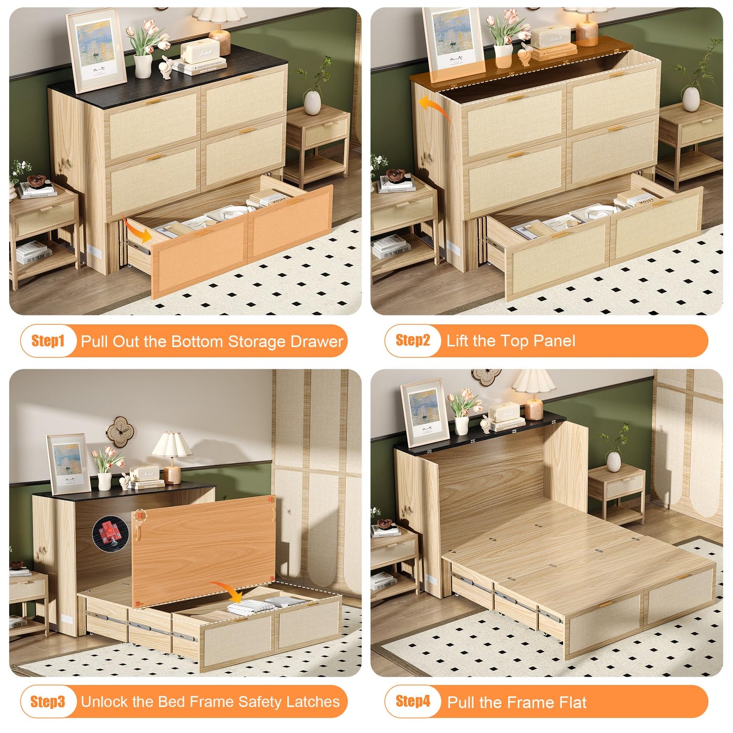 VINGLI Full Size Rattan Murphy Bed with Storage Drawer,2 Charging Station, Boho,Hideaway Paltform Panel Bed for Small Spaces,Guest Room,Office,Apartment, Space-Saving Cabinet Bed,Oak White