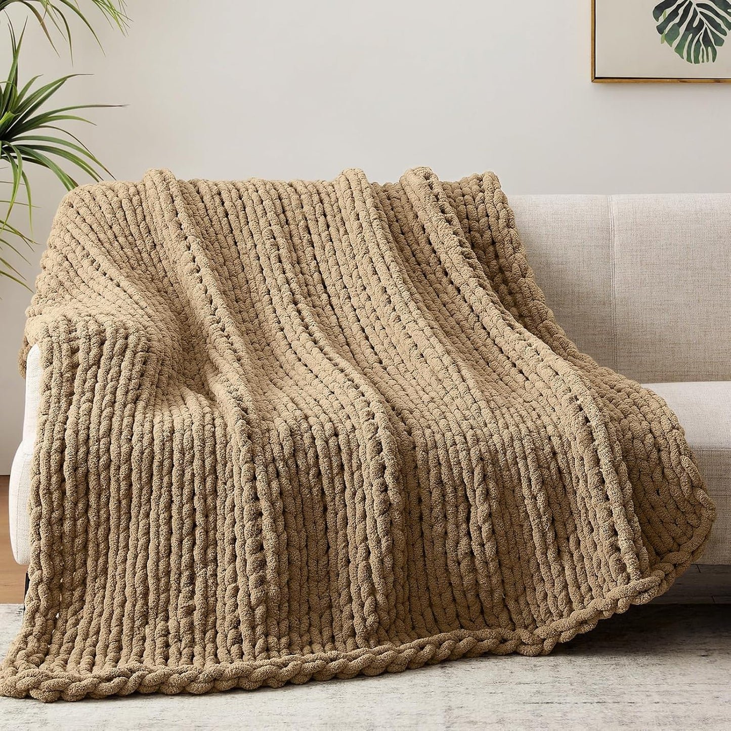Negwoo Chunky Knit Throw Blanket - Handmade Light Brown Chenille Yarn | Soft & Comfy 40'' x 50'' Size
