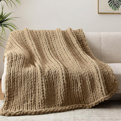 Negwoo Chunky Knit Throw Blanket - Handmade Light Brown Chenille Yarn | Soft & Comfy 40'' x 50'' Size