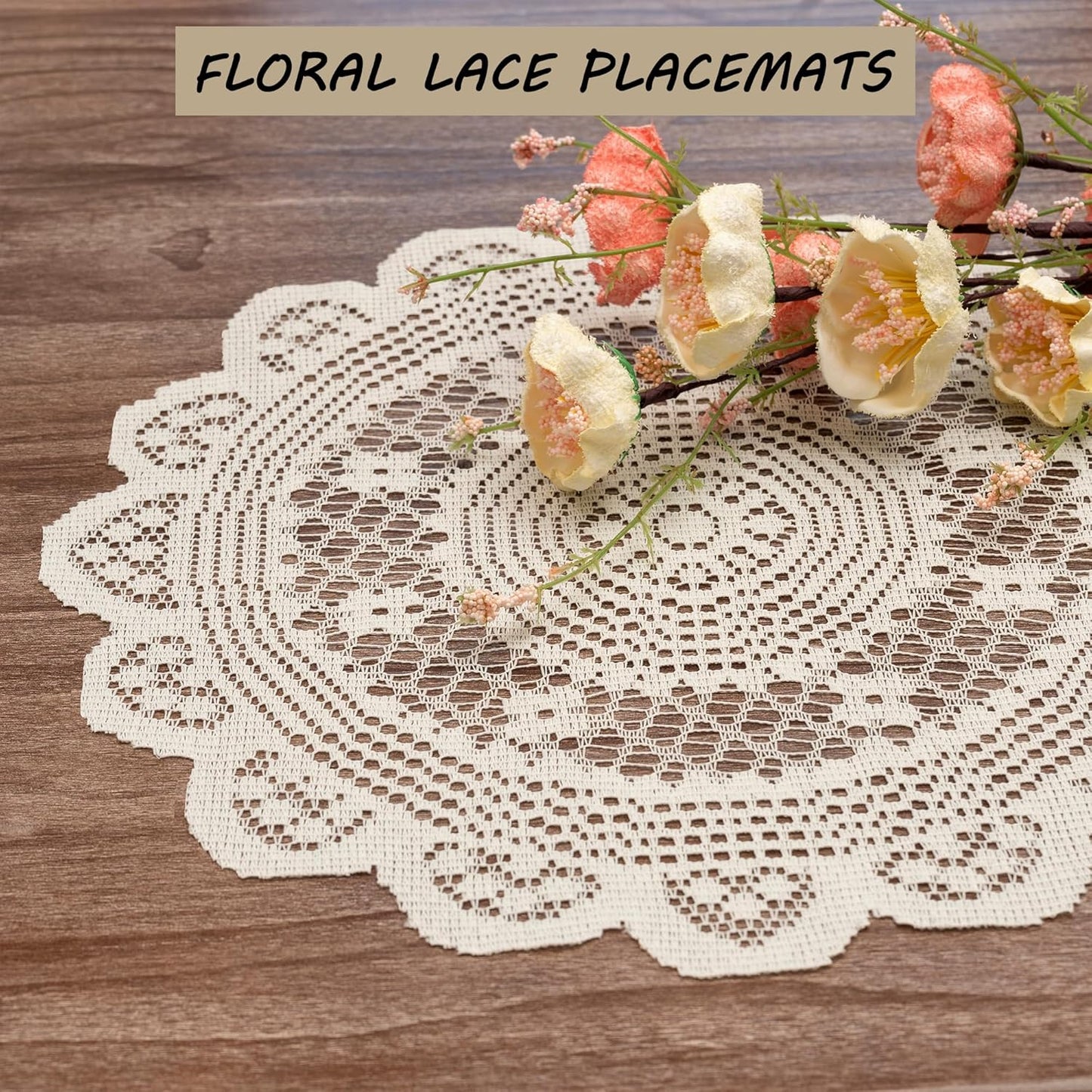 2 15" Jayla Pcs Round Lace Placemats for Tables Embroidered Vintage Crochet Floral Lace Table Runner Vintage Wedding