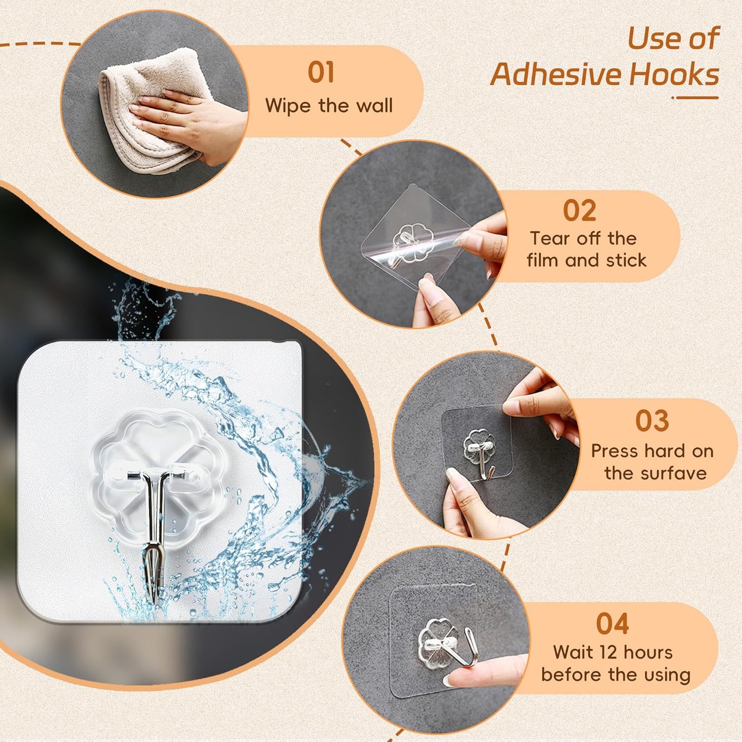 Mlici 24 Pack Clear Self-Adhesive Wall Hooks - 30lbs Heavy-Duty Sticky Hooks for Kitchen Bathroom