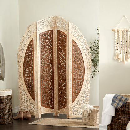 Deco 79 Mango Wood Floral Handmade Partition Room Divider Screen Foldable Arched Partition 4 Panel Privacy Screen with Intricately Carved Designs, Room Partition 62" x 1" x 72", Brown