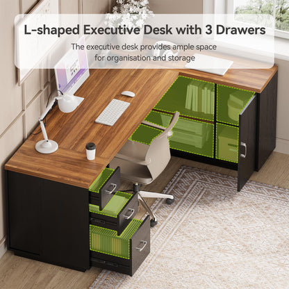 LITTLE TREE 87-Inch Modern Executive Desk with File Cabinet, Large Home Office Desk with Drawers, 3-Drawer Wooden File Cabinet, Spacious Workstation for Home Office (Brown & Black)