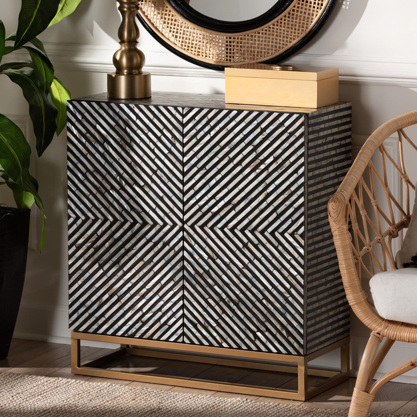 Baxton Studio Belenus Modern Bohemian Herringbone Black Mother of Pearl Storage Cabinet