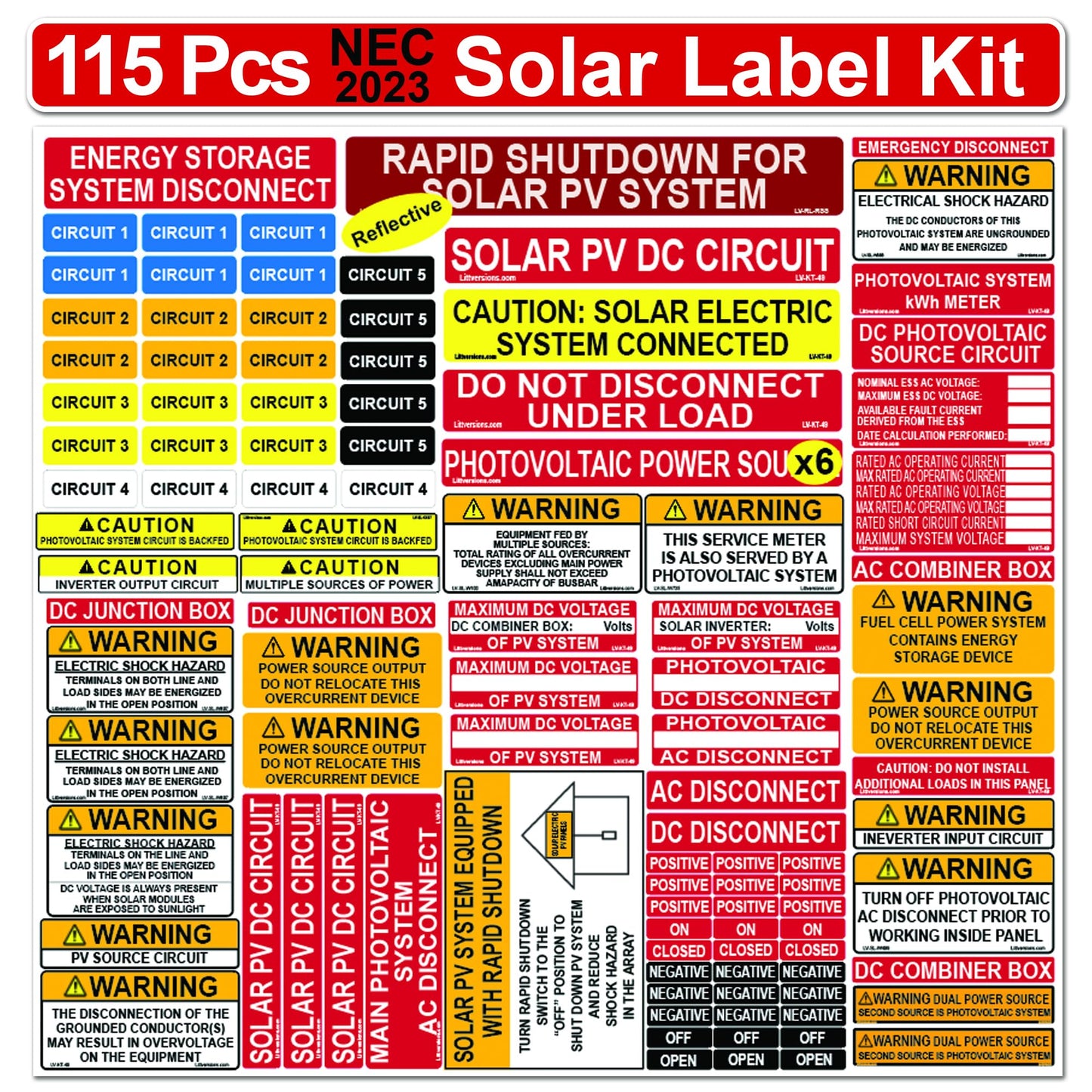 Littversions Ultimate 115 Pack 2017/2020/2023 NEC Code Compliant Photovoltaic Solar System Label Kit Electrical Panel Safety Stickers Outdoor Rated Laminated Strong Adhesive Waterproof