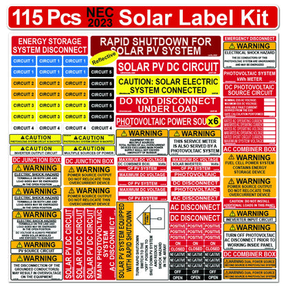 Littversions Ultimate 115 Pack 2017/2020/2023 NEC Code Compliant Photovoltaic Solar System Label Kit Electrical Panel Safety Stickers Outdoor Rated Laminated Strong Adhesive Waterproof