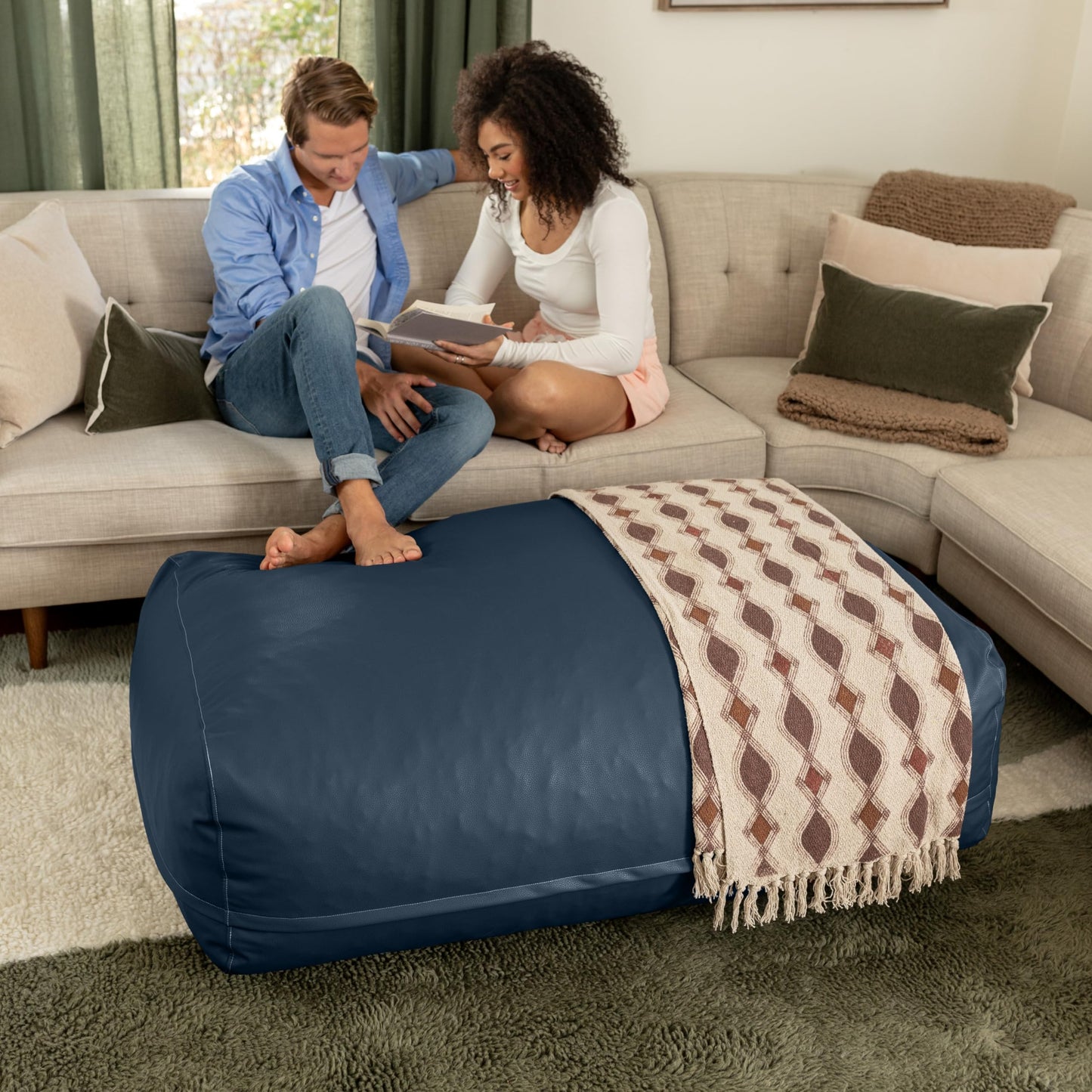 Atrium Collection Lino Ottoman - Oversized Large Couch Ottoman & Foam-Filled Lounger - Faux Leather - Oxford Blue