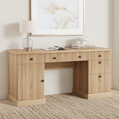 Garvee 60" Office Desk with Storage & Drawers. Fluted Wood Computer Desk with Power Outlet & Adjustable Shelves.Modern Executive Desk for Home Office/Bedroom/Gaming-Burlywood