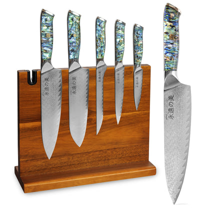 Seveat Damascus Kitchen Knife Set | 67-Layer Damascus Steel | Professional Chef Knives Set | Ergonomic Blue Shell Handle | Acacia Wood Magnetic Holder Included (Blue-3, 5-Piece Set)