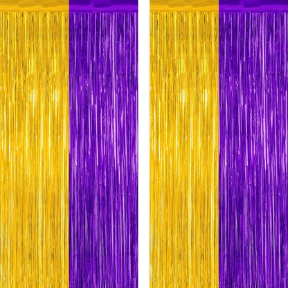 Graduation Backdrop - 2 Pack Metallic Purple & Gold Foil Fringe Curtains | 3.28 FT x 7.05 FT Class of 2026 Decor
