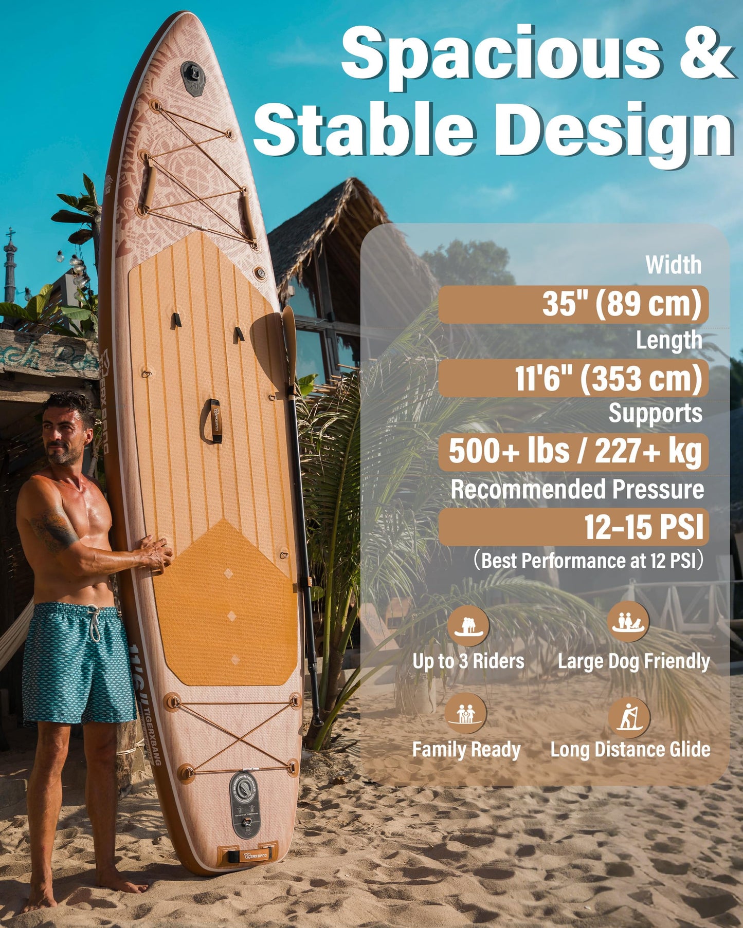 TIGERXBANG Inflatable Stand Up Paddle Board, 11'6" x 35" x 6", Tribal Spirit Design, SUP for 3 People, Perfect for Relaxation & Exploration