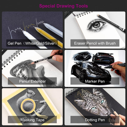 HIFORNY 126 PCS Drawing Kit Sketching Pencil Set,Sketch Pencils Art Supplies with 3-Color Sketchbook,Graphite,Charcoal,Blending Tools,Drawing Pencils for Adults Artists in Zipper Case