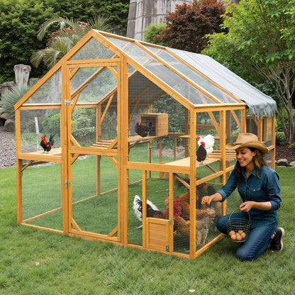KEIKI 110" L Outdoor Large Chicken Coop with Waterproof Cover, Roosting Platform, Wire Mesh & 2 Lift Small Doors with Locks, Wood Chicken Coop House for Cat Kitten, Duck, Rabbit, Quail Playpen