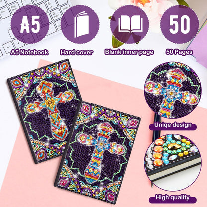 Qilery 2 Pcs 5d Diamond Art Kits for Adults, DIY Leather Diamond Painting Journals Notebooks Bible Cross Gem Dots Art Crafts for Adults, Beginners, Birthdays, Graduation Gifts with Tools
