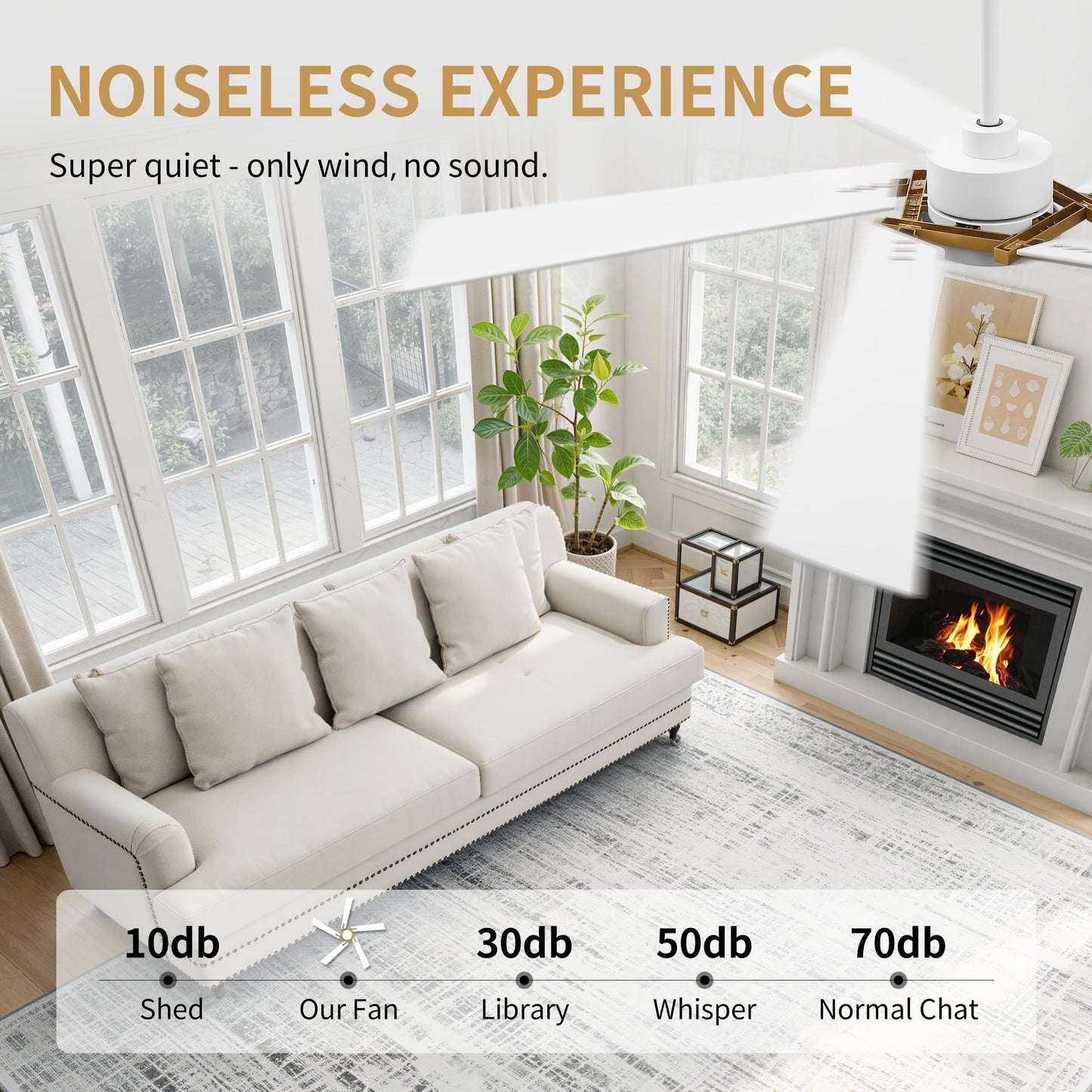 WINGBO 64 Inch Ceiling Fan with Light and Remote, 5 Plywood Blades, 6-Speed Reversible DC Motor, Dimmable, 3CCT, Modern Ceiling Fan for Bedroom Living Room Kitchen, Gold and White
