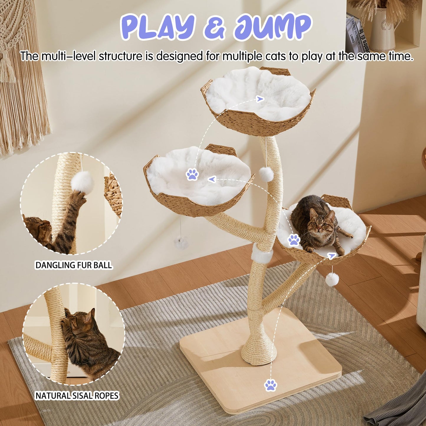 Modern Cat Tree Tower 53" - Multi-Level Cat Condo with Scratching Posts for Multiple Small & Large Cats