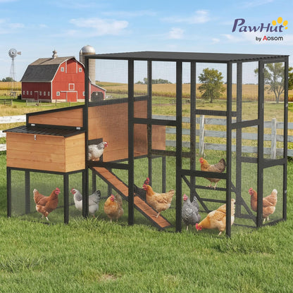 PawHut 105" Large Chicken Coop, Walk-in Wooden Hen House for 7-12 Hens, Poultry Cage Chicken House with Run, 2 Nesting Boxes, Roosting Bars, Waterproof Roof and Ramp, Yellow