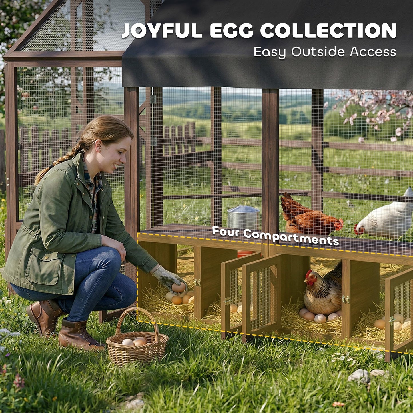 PawHut Large Wooden Chicken Coop for 8-10 Hens, Walk-in Chicken Run with Waterproof Cover, Nesting Boxes and Perches, Outdoor Poultry Cage Rabbit Hutch for Backyard, 83" x 73" x 73", Dark Brown