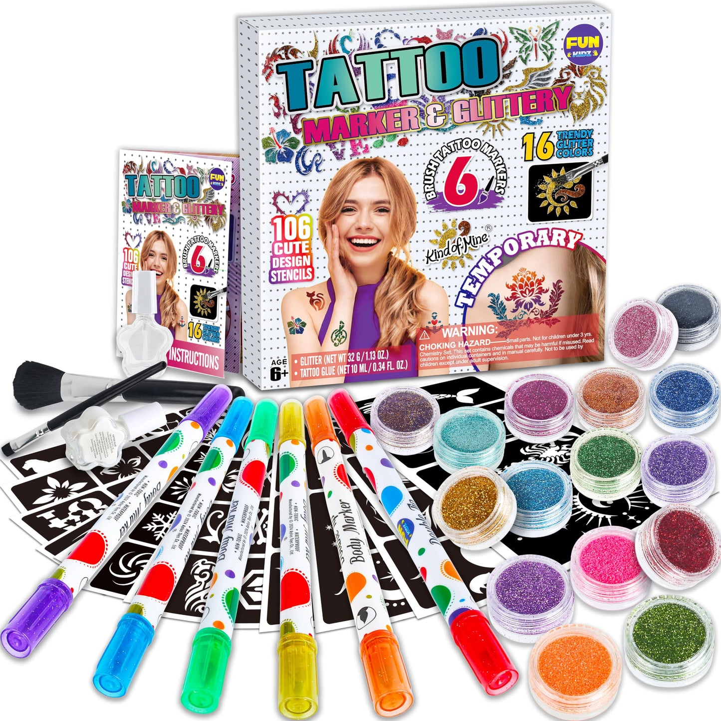 Tattoo Kit for Kids Ages 8-12, FunKidz 6 Double Tips Sparkle Brush Body Art Markers for Skin Plus Temporary Glitter Tattoo Kits With 106 Cute Tattoo Stencils Tattoo Glues Cool Presents for Tween Girls