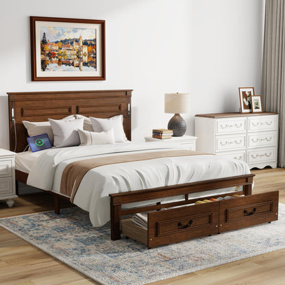 KEIKI Queen Size Farmhouse Bed Frame with 2 Storage Drawers & LED Lights & USB-C Charging Ports, Solid Wood Platform Bed with Tall Panel Headboard & Footboard, No Box Spring Needed, Walnut