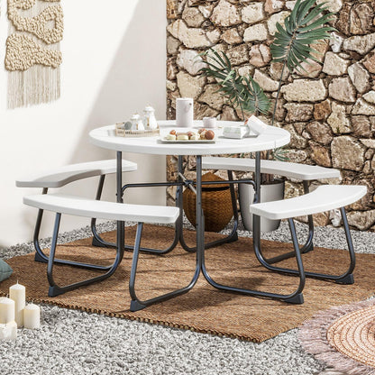 HAPPYGRILL 8-Person Picnic Table Bench Set with Umbrella Hole, 43” Outdoor Dining Table w/4 Benches, Wood-Like Texture Tabletop, Stable U-Shaped Base, Round Table for Backyards, White