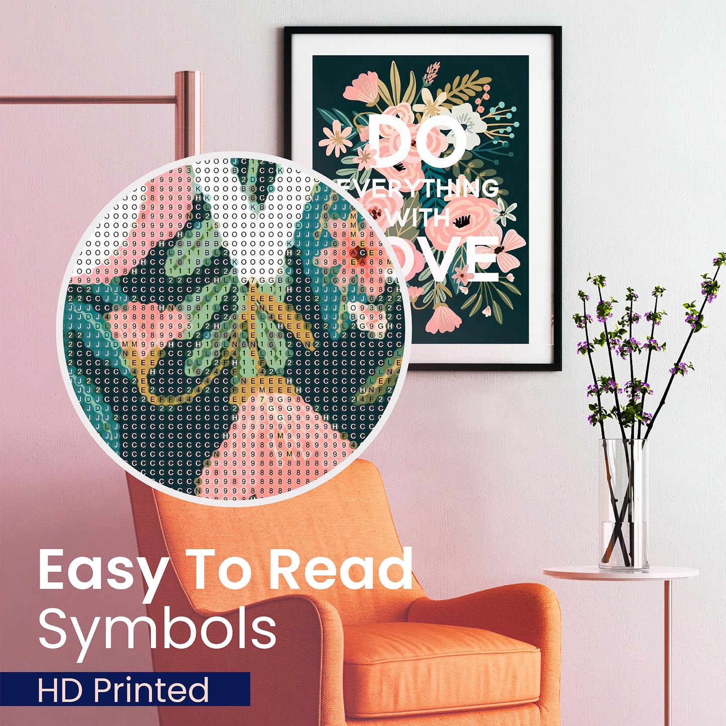 Modern Merch Flowers Diamond Art for Adults Motivational Quote and Sayings 'Do Everything with Love' Inspiring 5D Diamond Painting for Adults, Floral Wall Decor DIY Cross Stitch Round Drill 12x16