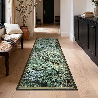2.5x8, GarveeHome Forest Runner Rug Blue Green Washable Runner Rug for Kitchen, Botanical Low Pile Non Slip Stain